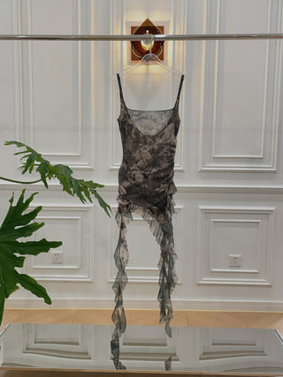 OPEN YY CAMO ASYMMETRIC FRILL TANK TOP