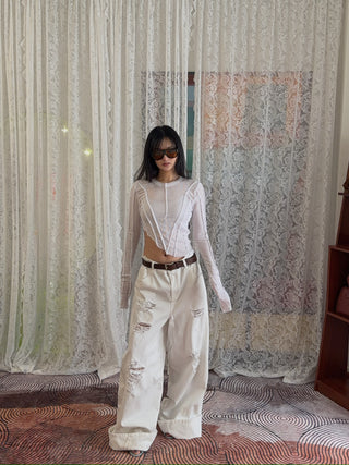 Sami Miro Vintage Asymmetric Long Sleeve Tee in White Rib