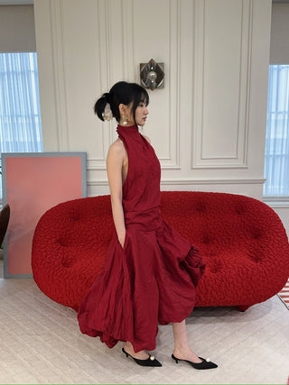 MAGDA BUTRYM - High-Neck Dress with Adjustable Skirt in Red
