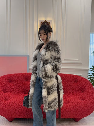 YVES SALOMON - COAT FOX BANDS/MERINOS KNITWEAR / NUANCE LUNE