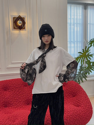 NATASHA ZINKO COMBO FLORAL PRINT TSHIRT LS PUSSY BOW BLOUSE