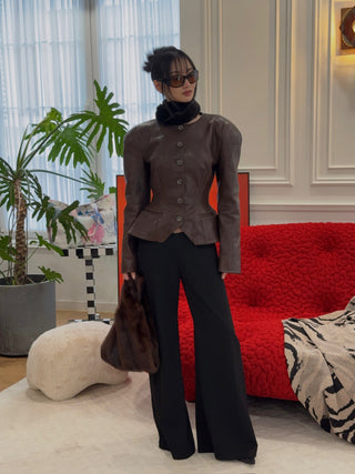 MAGDA BUTRYM - Fitted Leather Peplum Jacket in Brown