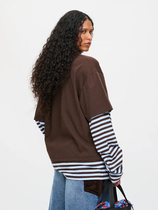 LOVERBOY - LONG SLEEVE 2-IN-1 TEE WITH KNIT PATCH in BROWN STRIPE