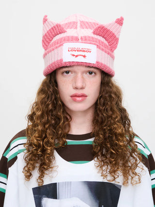 LOVERBOY - CHUNKY EARS BEANIE in PINK STRIPE