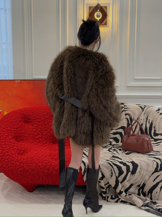 MAGDA BUTRYM - Belted Faux Fur Jacket in Brown