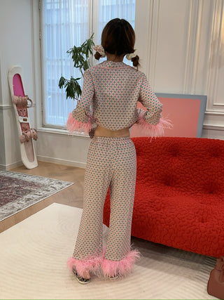 SLEEPER - PARTY PAJAMA SET WITH DOUBLE FEATHERS IN PINK VICHY / PINK & BLUE