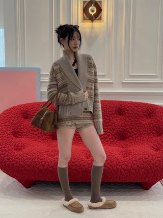MAGDA BUTRYM - Double-Breasted Patterned Knit Cardigan With Shawl Collar in Camel