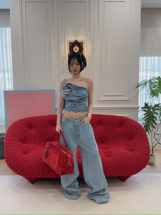 MAGDA BUTRYM - One-shoulder draped denim top in sky blue