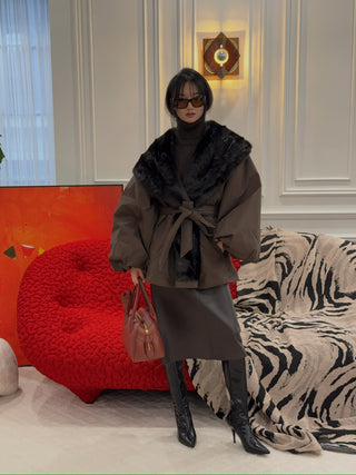 MAGDA BUTRYM - Belted Faux Fur Collar Jacket in Brown