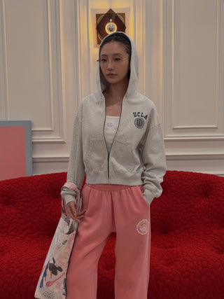 SPORTY & RICH - UCLA Crest Cropped Zip Hoodie in Gray