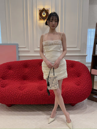 MAGDA BUTRYM - Mini corset dress with lace neckline in cream