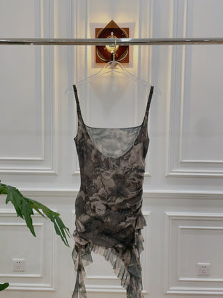 OPEN YY CAMO ASYMMETRIC FRILL TANK TOP