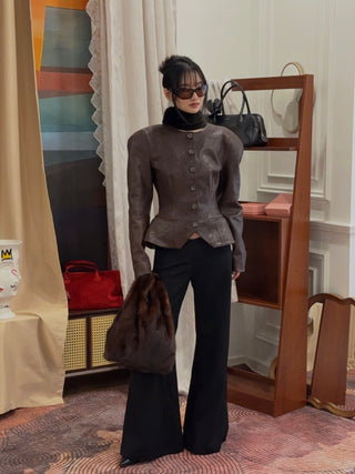 MAGDA BUTRYM - Fitted Leather Peplum Jacket in Brown