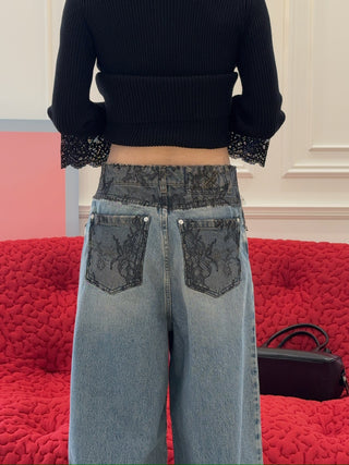 BLUMARINE - SUPERWIDE-LEG JEANS WITH LACE DETAILS