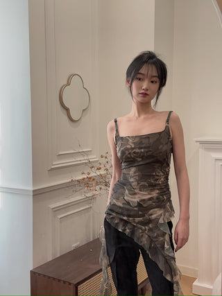 OPEN YY CAMO ASYMMETRIC FRILL TANK TOP