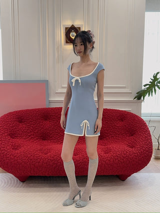 ROWEN ROSE - MINI DRESS WITH BOW DETAIL & SQUARED NECK IN SABLÉ