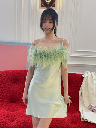 SLEEPER - BOHEME MINI DRESS WITH FEATHERS  IN MINT