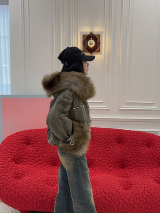BLUMARINE - CANVAS BOMBER JACKET WITH FAUX FUR