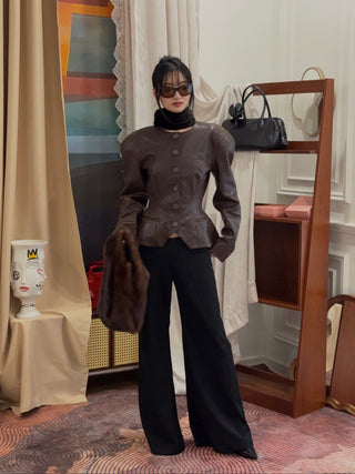 MAGDA BUTRYM - Fitted Leather Peplum Jacket in Brown