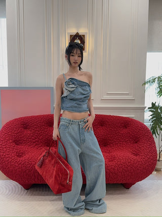 MAGDA BUTRYM - One-shoulder draped denim top in sky blue