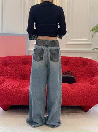 BLUMARINE - SUPERWIDE-LEG JEANS WITH LACE DETAILS