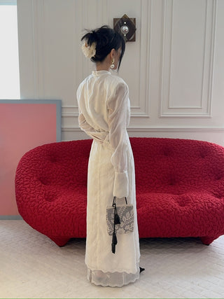 MAGDA BUTRYM - Embroidered High-Neck Midi Dress with Blouson Bodice