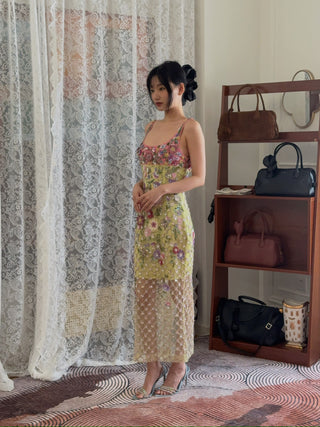 LA FUORI - Gilded Flora Midi Dress in Green