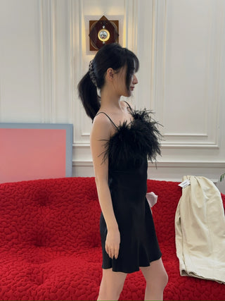 SLEEPER - BOHEME MINI DRESS WITH FEATHERS in BLACK