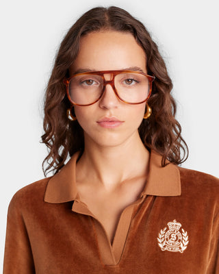 SPORTY & RICH - NY Crest Longsleeve Velour Polo in Tobacco