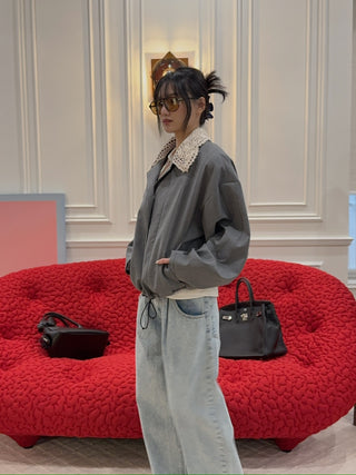 THE MANNEI - Crochet Collar Bomber Jacket in Grey