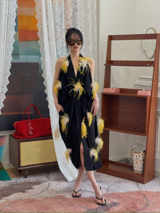 16ARLINGTON Vide Feather Midi Dress in Black