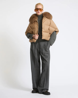 YVES SALOMON - Flannel Cape With Detachable Fox Fur Collar in Camel