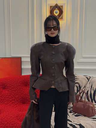MAGDA BUTRYM - Fitted Leather Peplum Jacket in Brown