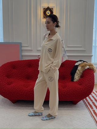 SPORTY & RICH - Riding Club Longsleeve Pique Polo in Cream