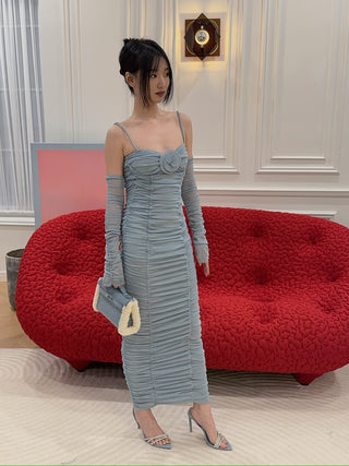 MARIANNA - FLOWER BLOOM MIDI DRESS / COOL BLUE