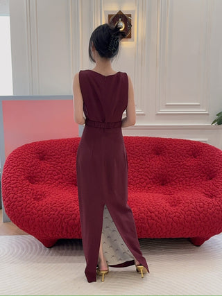ROWEN ROSE - LONG DRESS WITH STRAIGHT NECKLINE IN SABLÉ