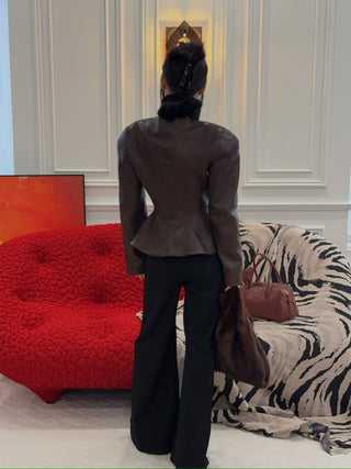 MAGDA BUTRYM - Fitted Leather Peplum Jacket in Brown