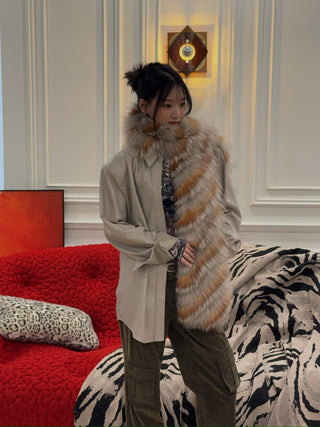 YVES SALOMON - Striped Fox Fur Scarf in Reddish Beige