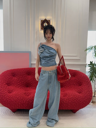 MAGDA BUTRYM - One-shoulder draped denim top in sky blue