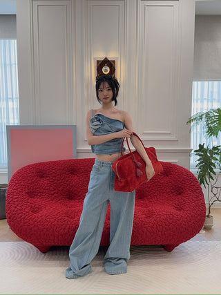 MAGDA BUTRYM - One-shoulder draped denim top in sky blue