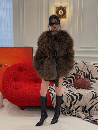 MAGDA BUTRYM - Belted Faux Fur Jacket in Brown