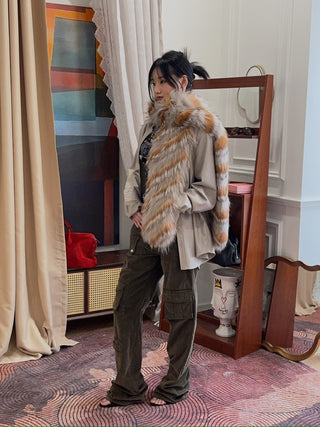 YVES SALOMON - Striped Fox Fur Scarf in Reddish Beige