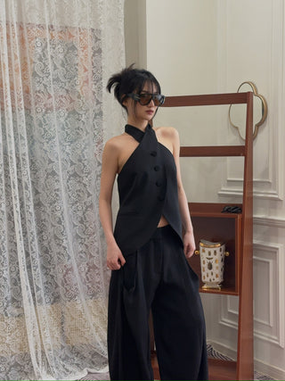 AARON ESH Neck Wrap Waistcoat in Black Halter Sleeveless Corseted