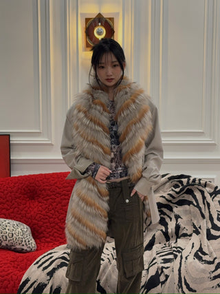 YVES SALOMON - Striped Fox Fur Scarf in Reddish Beige