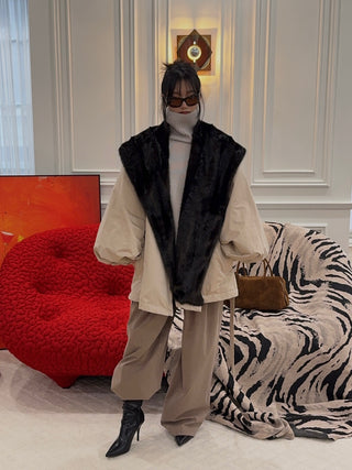 MAGDA BUTRYM - Belted Faux Fur Collar Jacket in Beige