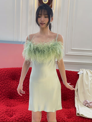 SLEEPER - BOHEME MINI DRESS WITH FEATHERS  IN MINT