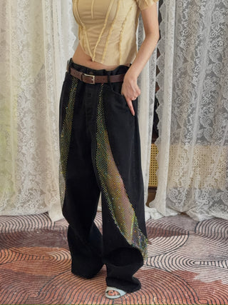 DARK PARK - Lady Ray around Crystal Panel Oversized Denim in Black