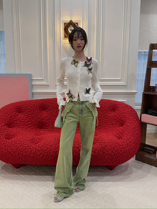 BLUMARINE - Wide Leg Jeans with Butterfly Embroidery
