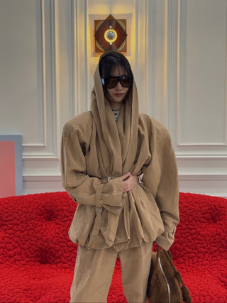 MAGDA BUTRYM - Draped Collar Viscose And Linen Jacket in Beige