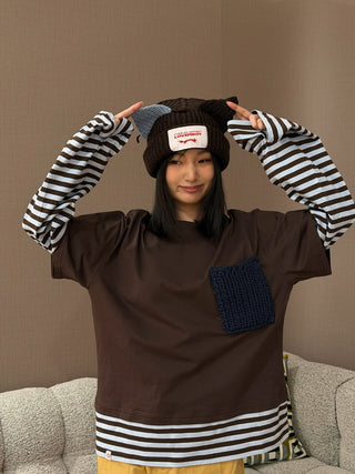 LOVERBOY - LONG SLEEVE 2-IN-1 TEE WITH KNIT PATCH in BROWN STRIPE